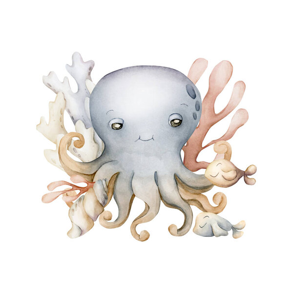 Милый осьминог рыба морская раковина коралл водоросли. Морские растения океана. Восхитительный подводный мир. Акварель руки окрашены летом изолированные иллюстрации для детей детская стена декор наклейка ребенка душ