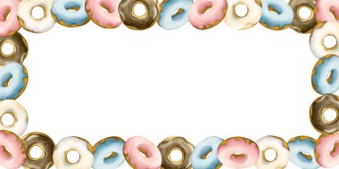 Tatlı çörek çerçevesi. Beyaz, mavi, pembe ve çikolata kaplı çörekler. Suluboya el boyası tatlı tatlı tatlı çizimi beyaz arka planda izole şekerleme tasarımı, çocukların doğum günü partisi