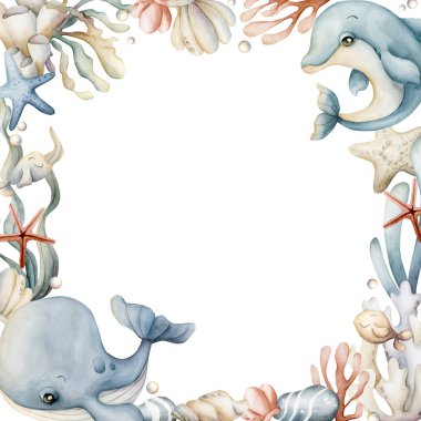 Deniz Hayvanları ve Bitkiler Çerçevesi. Şirin balina, yunus, yosun, mercan, denizyıldızı, kabuk, sünger, çakıl taşı. Suluboya el resmi, yaz aylarında çocukların bebek partileri için deniz altı tasarımı için izole edilmiş.