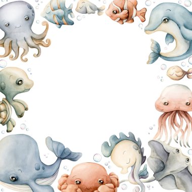 Deniz hayvanı çerçevesi. Şirin okyanus canlıları. Su altı dünyasının sevimli deniz sakinleri. Balina yunus kaplumbağa balığı. Suluboya el resmi yaz aylarında izole edilmiş çocuk yuvası bebek partisi deniz altında