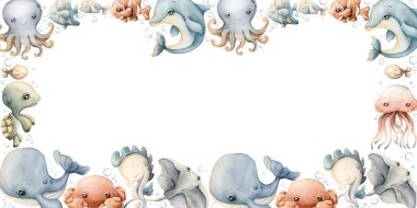 Deniz hayvanı çerçevesi. Şirin okyanus canlıları. Su altı dünyasının sevimli deniz sakinleri. Balina yunus kaplumbağa balığı. Suluboya el resmi yaz aylarında izole edilmiş çocuk yuvası bebek partisi deniz altında