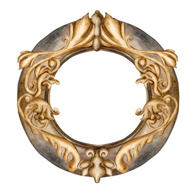 Altın Süslemeler Eski Yuvarlak Çerçeve Viktorya dönemi barok tarzı. Boya ya da ayna için tasarım elemanı kullanımı. Suluboya el resmi düğün tasarımı için izole edilmiş resim, davet