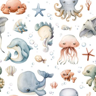 Şirin deniz hayvanları kabukları. Su altı dünyası çok güzel. Çocuklar için beyaz zemin üzerinde suluboya yaz dikişsiz desen bebek bakımı tekstil kumaşı, ambalaj kağıdı, okyanus tasarımı, pastel nötr tarzı