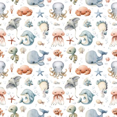 Şirin deniz hayvanları kabukları. Su altı dünyası çok güzel. Çocuklar için beyaz zemin üzerinde suluboya yaz dikişsiz desen bebek bakımı tekstil kumaşı, ambalaj kağıdı, okyanus tasarımı, pastel nötr tarzı