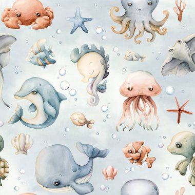 Şirin deniz hayvanları kabukları. Su altı dünyası çok güzel. Çocuklar için mavi zemin üzerinde suluboya yaz dikişsiz desen bebek bakımı tekstil kumaşı, ambalaj kağıdı, okyanus tasarımı, pastel nötr stil