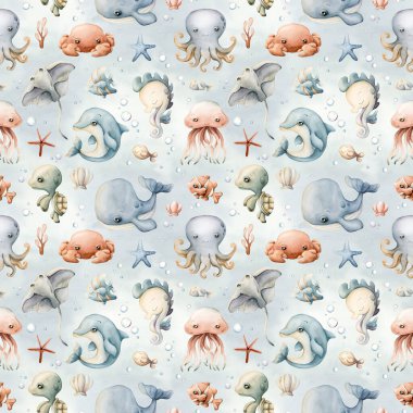 Şirin deniz hayvanları kabukları. Su altı dünyası çok güzel. Çocuklar için mavi zemin üzerinde suluboya yaz dikişsiz desen bebek bakımı tekstil kumaşı, ambalaj kağıdı, okyanus tasarımı, pastel nötr stil