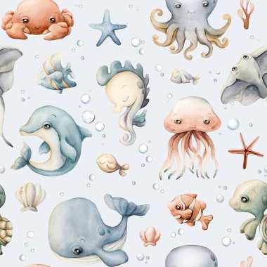 Şirin deniz hayvanları kabukları. Su altı dünyası çok güzel. Çocuklar için mavi zemin üzerinde suluboya yaz dikişsiz desen bebek bakımı tekstil kumaşı, ambalaj kağıdı, okyanus tasarımı, pastel nötr stil