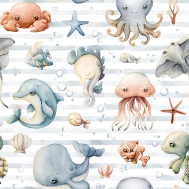 Şirin deniz hayvanları kabukları. Suyun altındaki sevimli okyanus dünyası. Beyaz arka planda sulu boya, dikişsiz desen. Çocuklar için mavi çizgili. Bebek tekstil kumaşı, ambalaj kağıdı, pastel nötr.