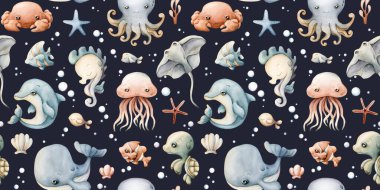 Şirin deniz hayvanları kabukları. Su altı dünyası çok güzel. Çocuklar için koyu mavi arka planda suluboya yaz dikişsiz desen bebek bakımı tekstil kumaşı, ambalaj kağıdı, okyanus tasarımı, pastel nötr tarzı