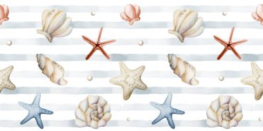 Deniz kabuğu deniz yıldızı incileri. Suluboya el, beyaz arka planda mavi çizgili, pürüzsüz bir desen çizmiş. Çocuklar için tatlı pastel nötr deniz hayatı bebek bakımı tekstil kumaşı, ambalaj kağıdı