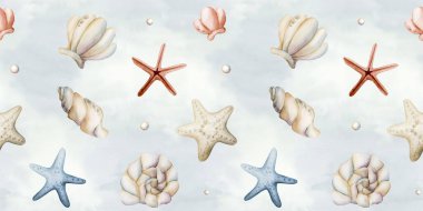 Deniz kabukları yıldız balığı incileri. Suluboya el yazısı mavi arka planda kusursuz desen çizmiş. Çocuklar için tatlı pastel nötr sualtı deniz hayatı bebek bakımı tekstil kumaşı, ambalaj kağıdı.