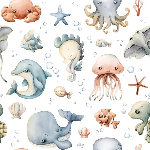 Şirin deniz hayvanları kabukları. Su altı dünyası çok güzel. Çocuklar için beyaz zemin üzerinde suluboya yaz dikişsiz desen bebek bakımı tekstil kumaşı, ambalaj kağıdı, okyanus tasarımı, pastel nötr tarzı