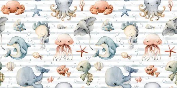Şirin deniz hayvanları kabukları. Suyun altındaki sevimli okyanus dünyası. Beyaz arka planda sulu boya, dikişsiz desen. Çocuklar için mavi çizgili. Bebek tekstil kumaşı, ambalaj kağıdı, pastel nötr.