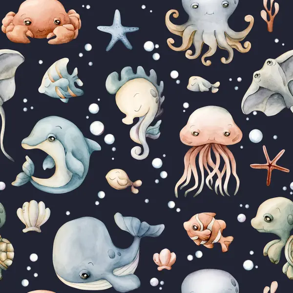 Şirin deniz hayvanları kabukları. Su altı dünyası çok güzel. Çocuklar için koyu mavi arka planda suluboya yaz dikişsiz desen bebek bakımı tekstil kumaşı, ambalaj kağıdı, okyanus tasarımı, pastel nötr tarzı