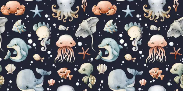 Şirin deniz hayvanları kabukları. Su altı dünyası çok güzel. Çocuklar için koyu mavi arka planda suluboya yaz dikişsiz desen bebek bakımı tekstil kumaşı, ambalaj kağıdı, okyanus tasarımı, pastel nötr tarzı