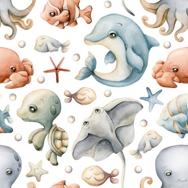 Şirin deniz hayvanları. Su altı dünyası çok güzel. Yunus, ahtapot, iğneli balık. Beyaz arka planda suluboya yaz desenli bebek bakımı tekstil kumaş ambalaj kağıdı, pastel nötr