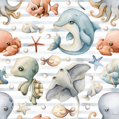 Şirin deniz hayvanları. Su altı dünyası çok güzel. Yunus, ahtapot, iğneli balık. Çocuklar için beyaz arka planda suluboya mavi çizgili, pürüzsüz desenli bebek bakımı tekstil kumaşı nötr.