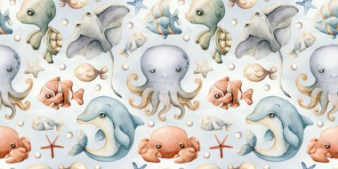 Şirin deniz hayvanları. Su altı dünyası çok güzel. Yunus, ahtapot, iğneli balık. Çocuklar için mavi arka planda suluboya yazsız desen bebek tekstil kumaş ambalaj kağıdı, pastel nötr