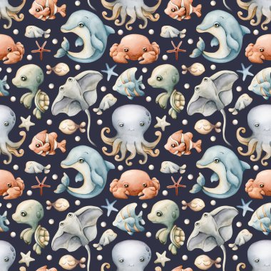 Şirin deniz hayvanları. Su altı dünyası çok güzel. Yunus, ahtapot, iğneli balık. Çocuklar için koyu mavi arka planda suluboya yaz kusursuz desen bebek bakımı tekstil kumaş ambalajı, pastel nötr