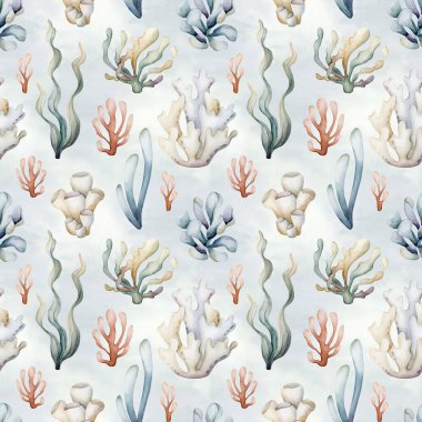 Deniz bitkileri. Deniz yosunu mercan süngeri. Suluboya el yazısı mavi arka planda kusursuz desen çizmiş. Çocuklar için şirin pastel nötr sualtı deniz hayatı bebek bakımı tekstil kumaşı, ambalaj.