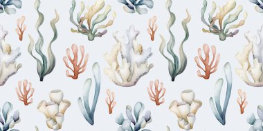 Deniz bitkileri. Deniz yosunu mercan süngeri. Suluboya el yazısı mavi arka planda kusursuz desen çizmiş. Çocuklar için şirin pastel nötr sualtı deniz hayatı bebek bakımı tekstil kumaşı, ambalaj.