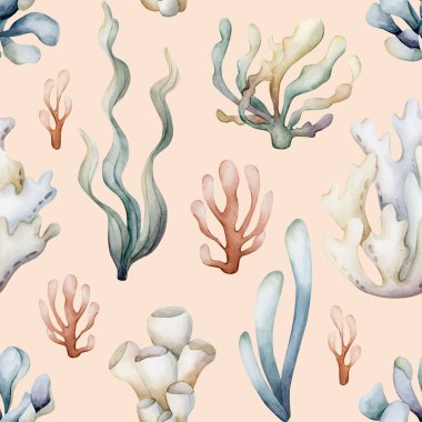 Deniz bitkileri. Deniz yosunu mercan süngeri. Suluboya el yazısı şeftali pembesi arka planda kusursuz desen çizdi. Tatlı pastel nötr sualtı okyanus yaşamı çocuklar için bebek bakımı tekstil kumaşı