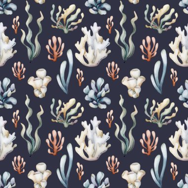 Deniz bitkileri. Deniz yosunu mercan süngeri. Suluboya el yazısı koyu mavi arka planda kusursuz desen çizdi. Tatlı pastel nötr sualtı okyanus yaşamı çocuklar için bebek bakımı tekstil kumaşı