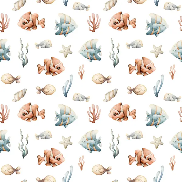 Deniz Kabuğu Deniz yosunları. Suluboya el yazısı beyaz arka planda kusursuz desen çizmiş. Çocuklar için tatlı pastel nötr sualtı deniz hayatı bebek bakımı tekstil kumaşı, ambalaj kağıdı.