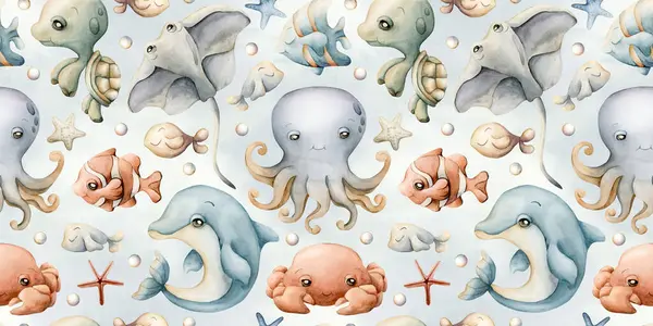 Şirin deniz hayvanları. Su altı dünyası çok güzel. Yunus, ahtapot, iğneli balık. Çocuklar için mavi arka planda suluboya yazsız desen bebek tekstil kumaş ambalaj kağıdı, pastel nötr