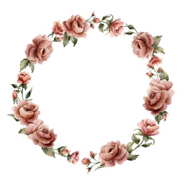 Gül çiçeği çelengi. Tozlu pembe bahçe çiçekleri. Suluboya el boyası düğün tasarımı, ev tekstili, porselen çanak çömlek, kozmetik paketler, etiketler için çiçek resmi.