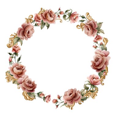 Altın desenli eski püskü çelenkli güller. Viktorya dönemi barok tarzında tozlu pembe bahçe çiçek aranjmanı. Suluboya el boyası çiçek desenli, izole düğün tasarımı, çanak çömlek