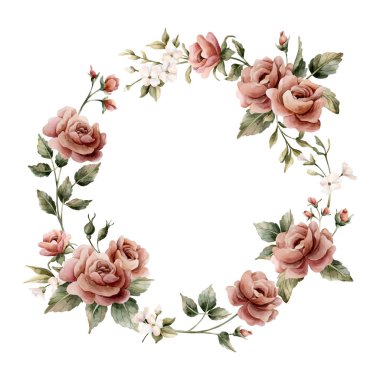 Gül çiçeği çelengi. Tozlu pembe bahçe çiçekleri. Suluboya el boyası düğün tasarımı, ev tekstili, porselen çanak çömlek, kozmetik paketler, etiketler için çiçek resmi.