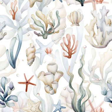 Deniz bitkileri. Deniz yosunları mercan kabukları. Suluboya el yazısı beyaz arka planda kusursuz desen çizmiş. Çocuklar için şirin pastel nötr sualtı deniz hayatı bebek bakımı tekstil kumaşı, ambalaj.