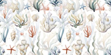 Deniz bitkileri. Deniz yosunları mercan kabukları. Suluboya el yazısı beyaz arka planda kusursuz desen çizmiş. Çocuklar için şirin pastel nötr sualtı deniz hayatı bebek bakımı tekstil kumaşı, ambalaj.