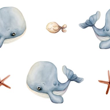 Şirin balina, deniz yıldızı ve deniz yıldızı. Su altı dünyası çok güzel. Çocuklar için beyaz zemin üzerinde suluboya yaz kusursuz desen bebek bakımı tekstil kumaşı, ambalaj kağıdı, okyanus tasarımı, pastel nötr
