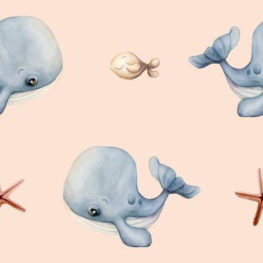 Şirin balina, deniz yıldızı ve deniz yıldızı. Su altı dünyası çok güzel. Çocuklar için şeftali pembesi arka planda suluboya yaz deseni bebek tekstil kumaşı, ambalaj kağıdı, okyanus pasteli nötr