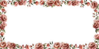 Gül çiçeği çerçevesi. Tozlu pembe bahçe çiçekleri çiçek aranjmanı. Suluboya el boyası düğün tasarımı, ev tekstili, porselen çanak çömlek, kozmetik paketler, etiketler için çiçek resmi.