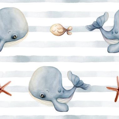 Şirin balina, deniz yıldızı ve deniz yıldızı. Su altı dünyası çok güzel. Çocuklar için beyaz zemin üzerinde suluboya mavi çizgili desen bebek tekstil kumaşı, ambalaj kağıdı, pastel nötr