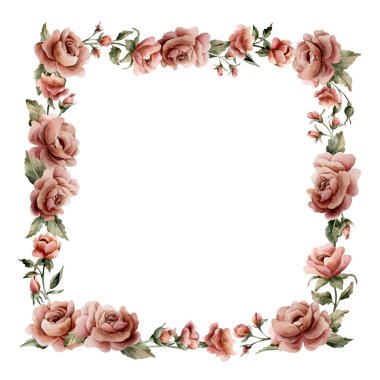 Gül çiçeği çerçevesi. Tozlu pembe bahçe çiçekleri kare düzenleme. Suluboya el boyası düğün tasarımı, ev tekstili, porselen çanak çömlek, kozmetik paketler, etiketler için çiçek resmi.