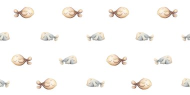 Şirin balıklar. Suluboya el boyası, beyaz arka planda minimalistik, pürüzsüz bir desen çizmiş. Çocuklar için tatlı pastel nötr sualtı deniz hayatı bebek bakımı tekstil kumaşı, ambalaj kağıdı.