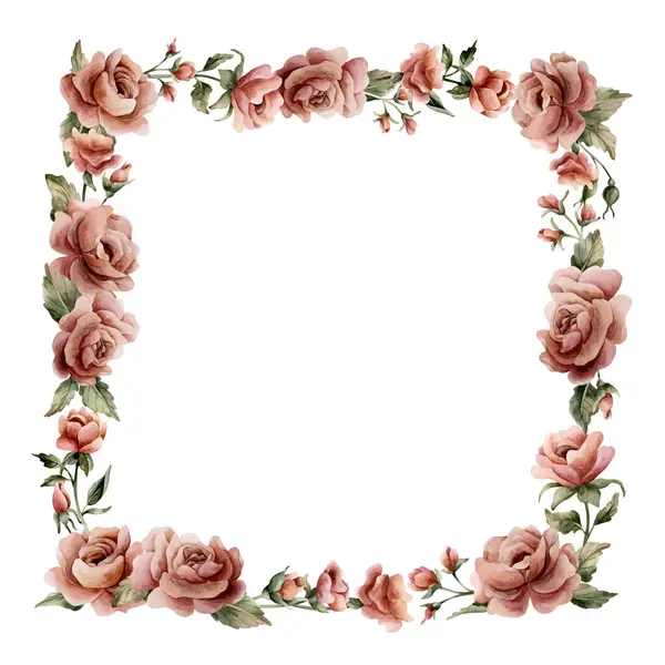 Gül çiçeği çerçevesi. Tozlu pembe bahçe çiçekleri kare düzenleme. Suluboya el boyası düğün tasarımı, ev tekstili, porselen çanak çömlek, kozmetik paketler, etiketler için çiçek resmi.