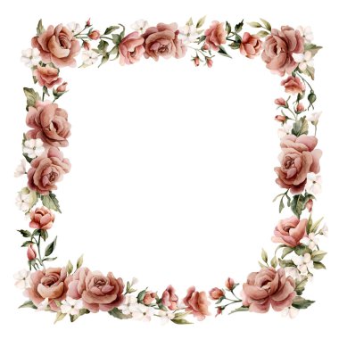 Gül çiçeği çerçevesi. Tozlu pembe bahçe çiçekleri kare düzenleme. Suluboya el boyası düğün tasarımı, ev tekstili, porselen çanak çömlek, kozmetik paketler, etiketler için çiçek resmi.