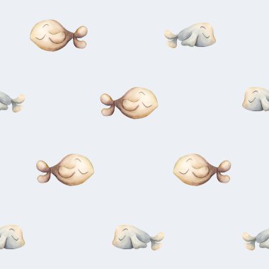 Şirin balıklar. Suluboya el yazısı mavi arka planda minimalistik, pürüzsüz bir desen çizdi. Çocuklar için tatlı pastel nötr sualtı deniz hayatı bebek bakımı tekstil kumaşı, ambalaj kağıdı.