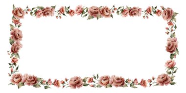 Gül çiçeği çerçevesi. Tozlu pembe bahçe çiçekleri çiçek aranjmanı. Suluboya el boyası düğün tasarımı, ev tekstili, porselen çanak çömlek, kozmetik paketler, etiketler için çiçek resmi.