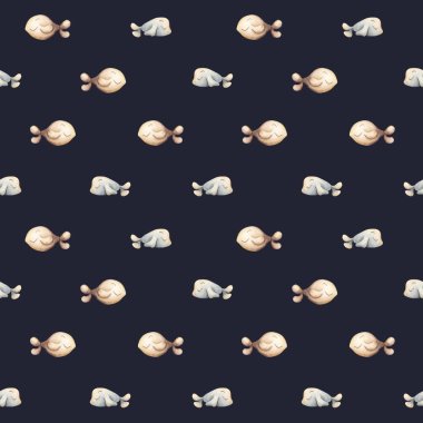 Şirin balıklar. Suluboya el boyası, koyu mavi arka planda, minimalistik, pürüzsüz bir desen çizmiş. Çocuklar için tatlı pastel nötr sualtı deniz hayatı bebek bakımı tekstil kumaşı, ambalaj kağıdı.