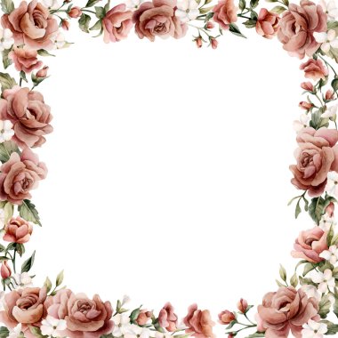 Gül çiçeği çerçevesi. Tozlu pembe bahçe çiçekleri kare düzenleme. Suluboya el boyası düğün tasarımı, ev tekstili, porselen çanak çömlek, kozmetik paketler, etiketler için çiçek resmi.