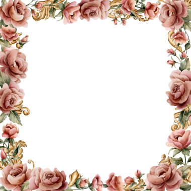 Altın dekoratif süslemeli güller. Viktorya dönemi barok tarzında tozlu pembe bahçe çiçek aranjmanı. Suluboya el boyası çiçek desenli, izole düğün tasarımı, çanak çömlek