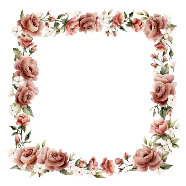 Gül çiçeği çerçevesi. Tozlu pembe bahçe çiçekleri kare düzenleme. Suluboya el boyası düğün tasarımı, ev tekstili, porselen çanak çömlek, kozmetik paketler, etiketler için çiçek resmi.