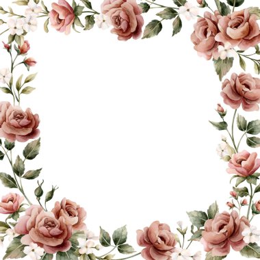 Gül çiçeği çerçevesi. Tozlu pembe bahçe çiçekleri kare düzenleme. Suluboya el boyası düğün tasarımı, ev tekstili, porselen çanak çömlek, kozmetik paketler, etiketler için çiçek resmi.