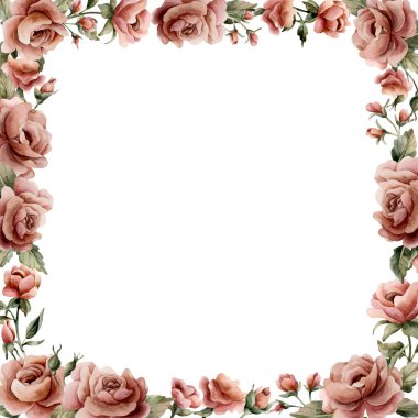 Gül çiçeği çerçevesi. Tozlu pembe bahçe çiçekleri kare düzenleme. Suluboya el boyası düğün tasarımı, ev tekstili, porselen çanak çömlek, kozmetik paketler, etiketler için çiçek resmi.